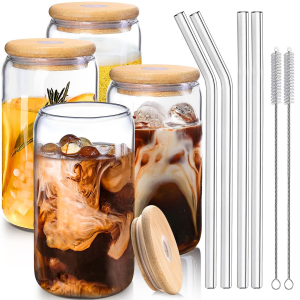 Transparent Glass with Bamboo Lids and Straws 4pcs Set-480ml